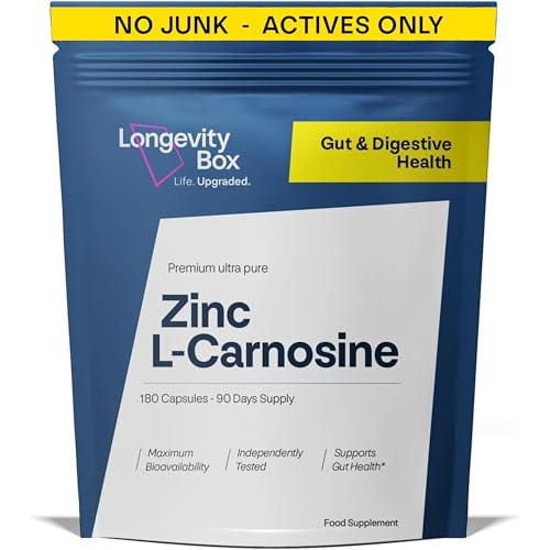 Zinc L-Carnosine Supplement - 75mg x 180 Capsules of Maximum Bioavailable Zinc L-Carnosine 2 Per Serving Supports Gut Health Nutrient Absorption Digestive Comfort - 3 Months Supply