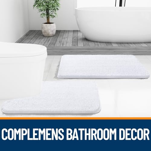 Image of OLANLY Bathroom Rugs Sets 2 Piece, Soft Absorbent Chenille Bath Mats and U-Shaped Contour Toilet Mat Area Rug Set, Machine Washable Bath Carpet, Home Decor Accessories(47 inchx20 inch+24 inchx20 inch, White)