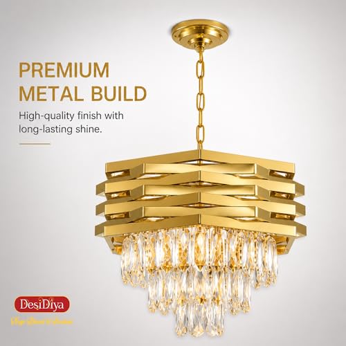 Image of Desidiya Led Modern Crystal 400mm Golden Finish 7 Metal Square Layered 3 Tier Chandelier | Decorative Hanging False Ceiling Led Light for Living Room Ceiling Light Decorative for Drawing Room