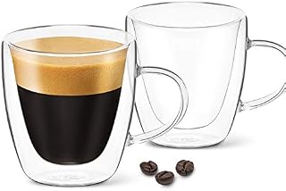 DLux Espresso Coffee Cups 80ml, Double Wall, Clear Glass Set of 2 3oz Glasses with Handles, Insulated Borosilicate Glassware Tea Cup