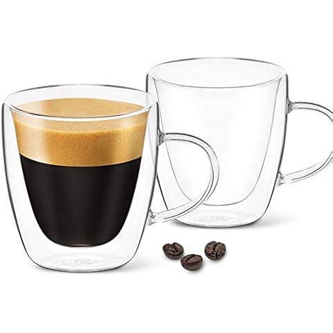 DLux Espresso Coffee Cups 80ml, Double Wall, Clear Glass Set of 2 3oz Glasses with Handles, Insulated Borosilicate Glassware Tea Cup Cover