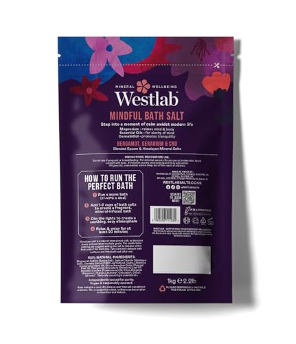 Westlab Mindful CBD Bath Salts 1kg - Epsom & Himalayan Salts Infused with Bergamot, Geranium for Calming and Soothing, Guaranteed Purity.