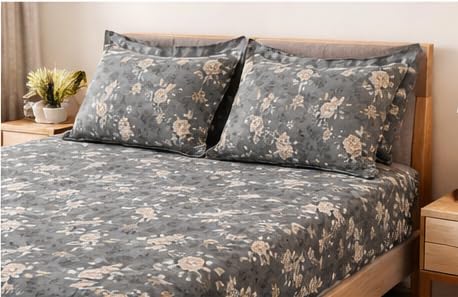 Image of 210 TC Glace Cotton Floral Grey Printed Cotton Bedsheet with Pillow Cover - Soft & Breathable Double Bed Sheet 90x100 Inche