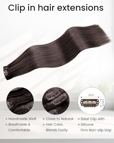 Image of LaaVoo Human Hair Clip in Extensions Cool Brown | Real Hair Clip ins for Wedding, Quick Volum, Double Weft, Straight Hair 16inch 7pcs 120g