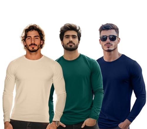 Image of Veirdo Pure Cotton Round Neck Regular Fit Solid Full Sleeve T-Shirt Pack of 3 Combo for Men (Colors: Swanwhite, Green, Navy, Black, Cork, White & Maroon)