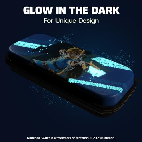 Image of PDP Nintendo Switch Travel Case Plus GLOW with Wrist Strap, Built-in Stand & Game Storage Pockets, Licensed for Switch Lite /OLED: Legend of Zelda Tears of the Kingdom Link Hero Blue (Glow in the Dark)