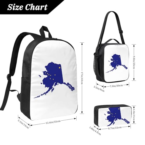 Alaska state Flag Map print Shoulder Bookbags Lunch Bag and Pen Case 17 inches Backpack with Lunch Box, Cute Bookbag Set4