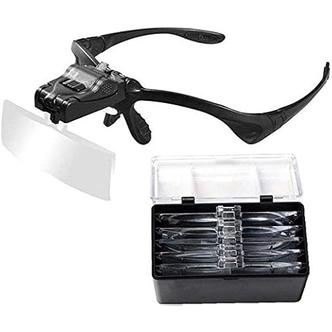 LED Head Magnifier Handsfree Reading Head Mount Magnifier Glasses with 5 Detachable Lenses Cover