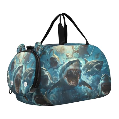 YETTASBIN Sport Travel Duffel Bag for Girls Boys, Shark Large Waterproof Weekender Overnight Bag, Detachable Shoulder Strap Gym Bag with Shoe Compartment & Wet Pocket