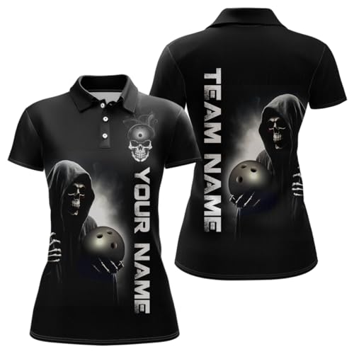 PIONAMZIOZ Custom Skull Bowling Shirts Unisex Polo & Quarter-Zip Bowling Team Jersey Black Bowling League (US, Alpha, Small, 5X-Large, Regular, Regular, Women Polo)