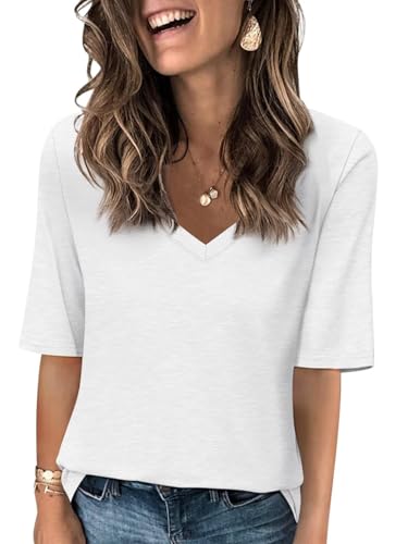 Image of AirMood Women V Neck T Shirts Summer Casual Half Sleeve Tops Loose Fit Tees Tshirt (White,XL)