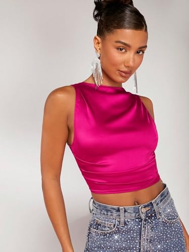 WDIRARA Women's Satin Backless Crop Top Tie Back Sleeveless Ruched Party Blouse Tops3