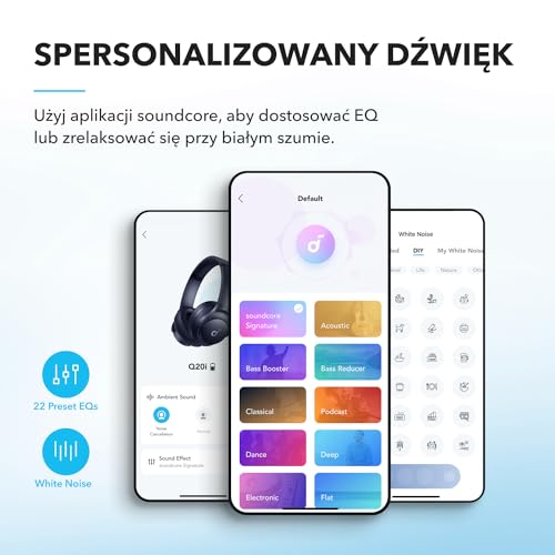 Słuchawki nauszne Soundcore by Anker Q20i Wireless Bluetooth z hybrydową aktywną redukcją szumów, 40 godzin odtwarzania w trybie ANC, dźwięk o wysokiej rozdzielczości, głęboki bas