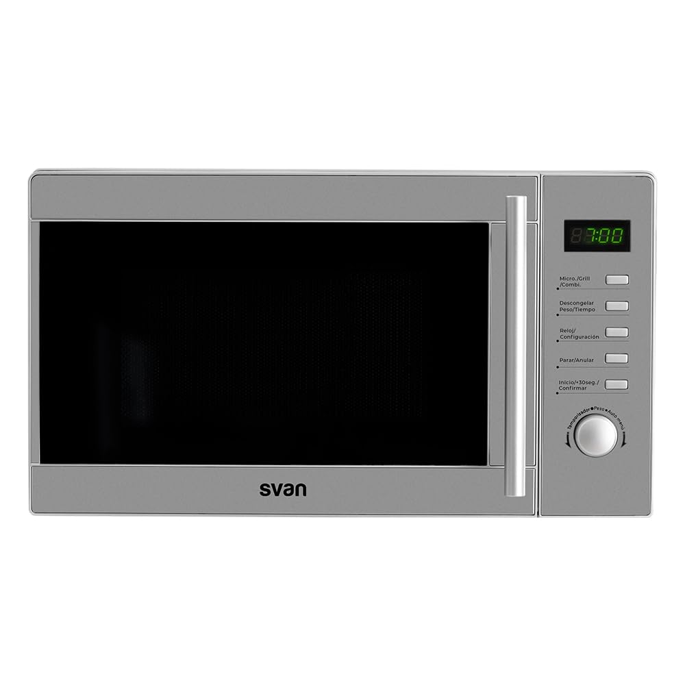 Svan Microondas 20 Litros con Grill Inox SMW2700DGX. 700W, Grill 1000W, 8 Programas, Modo Descongelación, Revestimiento Interior, Fácil Limpieza, Temporizador 95min.