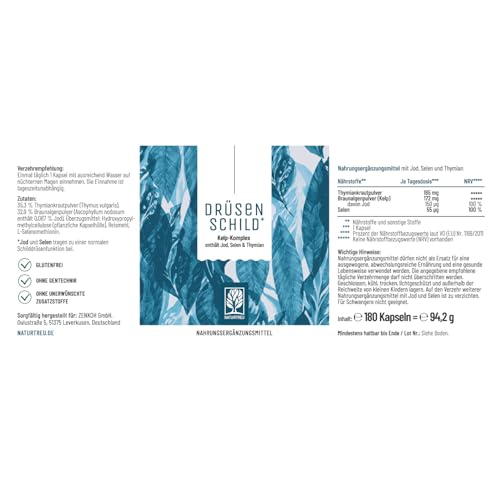 NATURTREU® Jod Selen Komplex Kapseln - 150µg Jod aus Braunalgen (Kelp Extrakt) mit Selen und Thymian - Hochdosiert, natürlich und vegan - 180 Kapseln