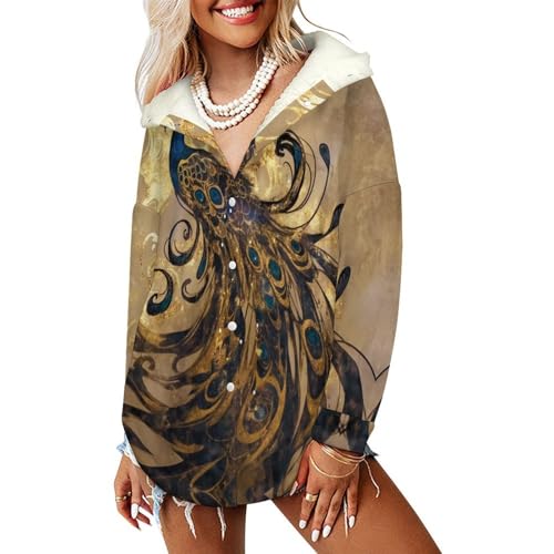Manteau polaire femme avec capuche motif paon chic en brun