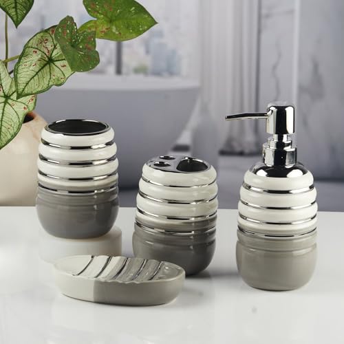 Image of SaSaSa Ceramic Bathroom Accessories Set of 4 Modern Bath Set with Soap Dispenser & Toothbrush Holder, Luxury Home & Gift Idea (11423)
