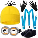 Japior 5Pcs Halloween Minion Costoum Accessories Adult Minion Goggles/Yellow Beanie Hat/Gloves/Suspenders/Shoe cover for Men Women 2024 Family Cosplay Party Set