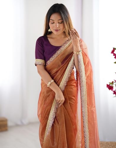 Image of SIRIL Women's Shimmer Net Lace Border Dual Tone Saree with Unstitched Blouse Piece