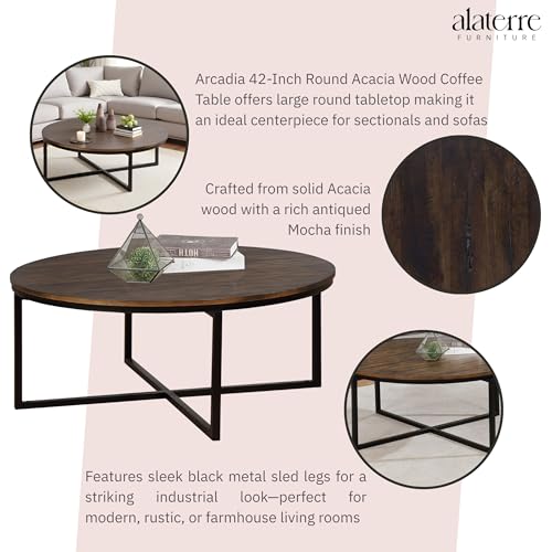 Arcadia 42-Inch Round Acacia Wood Coffee Table – Industrial Living Room Table with Antiqued Mocha Finish and Metal Sled Legs – Ideal Centerpiece for Sectionals and Sofas by Alaterre Furniture