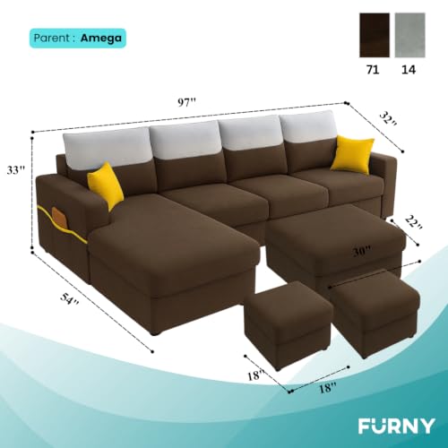 Image of Furny Tokiaa 8 Seater Fabric LHS L Shape Sofa Set with 1 Centre Table & 2 Puffy (Brown) | Soft Velvet Fabric | Modern Design | Comfortable Seating | Living Room Furniture