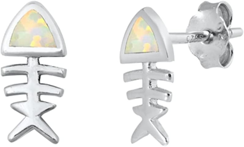 Sterling Silver Dead Fish Skeleton Animal Bones Earrings White Simulated Opal