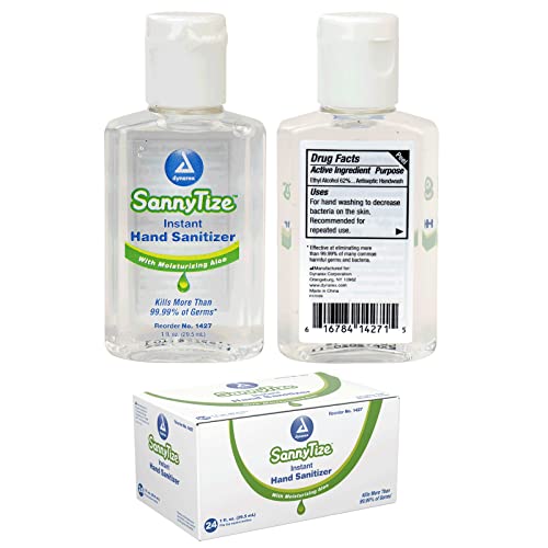 Dynarex SannyTize Hand Sanitizer Gel – 1 oz. Square Bottle, Hand Sanitizer Gel Infused with Aloe Vera & Eliminates 99% of Common Germs, Clear, 1 Box of 24 SannyTize Hand Sanitizer 1 oz. Square Bottles