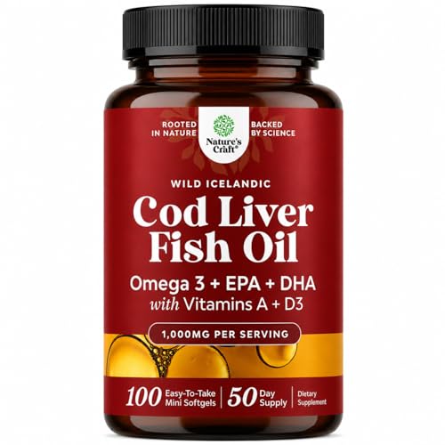 Icelandic Wild Caught Cod Liver Oil Softgels - Fish Omega 3, EPA, DHA, Vitamin D & A, 1000mg Per Serving - Burpless Capsules for Heart, Joint, Brain & Immune Support - 100 Count