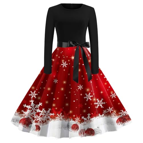 Weihnachtskleid Damen Weihnachten Kleid - Langarm Weihnachtskostüm Partykleid für Frauen Lustig Weihnachtsmotiv Cocktail Festlich Rockabilly Vintage...