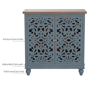 Sophia william accent cabinet with 2 doors distressed storage cabinet with wood frame and hollow carved door for entryway living room blue  urban country home decor