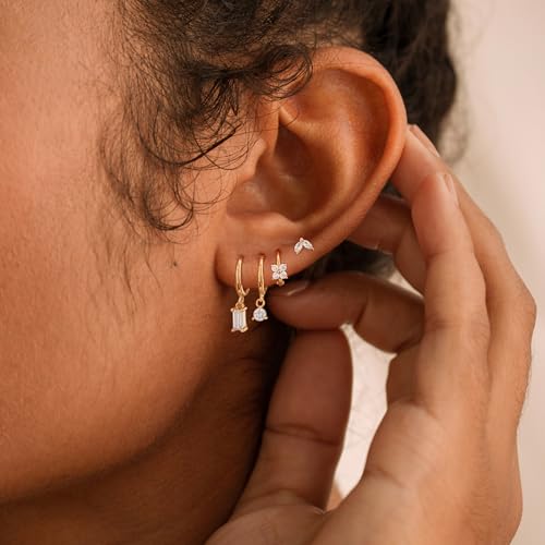 Image of Gold Plated Earrings for Women, 14k Gold Plated Earring Stack Hypoallergenic Pearl Drop Earring Dainty Earrings for Women Trendy Cute Small Huggie Hoop Earring Fashion Womens Jewelry