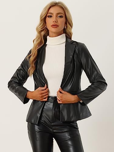 Allegra K Women's Faux Leather Blazer Jacket Button Closure Pleather Long Sleeve Slim Fit Casual Coat2