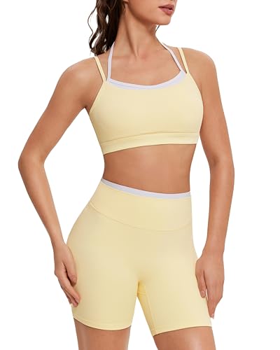 OMKAGI Workout Sets for Women Cute Doubel Layer Open Back Sports Bras Gym Shorts Outfits(M 566-Baby Yellow)