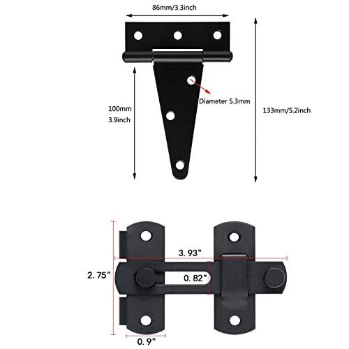 Barn Gate Latch Door Tee Hinge Hardware Kit, 2 Pack Barn Flip Latch Lock And 4 Pack 4Inch T-Strap Gate Hinges,Black Finish Gate For Wood Vinyl Fence Gate Shed Door,Farm,Garden，Gate,Closet Door #TOP1
