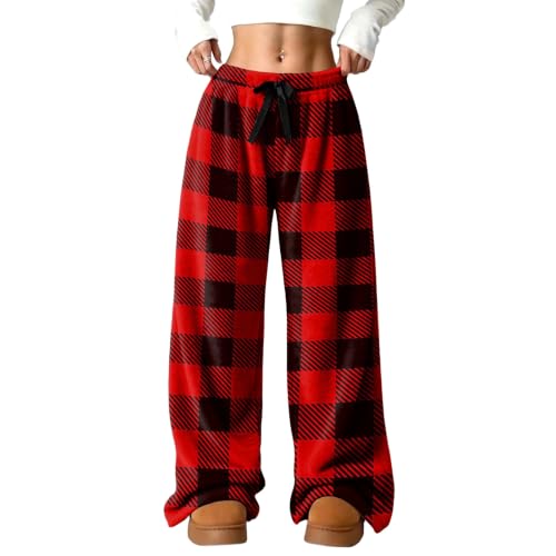 Wide Leg Pants Women Baggy Relaxed Checkered Plaid Flannel Thermal Pjs Pant - image 2
