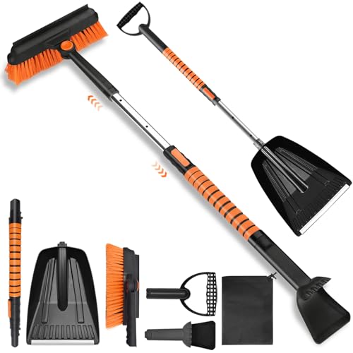 Yiomxhi 4 en 1 Rascador de Hielo Coche con Pala Nieve, Cepillo y Rasqueta, Quita Hielo Parabrisas Coche Extensible con Ergonómico Agarre para Ventanas de Automóviles, SUV, Naranja