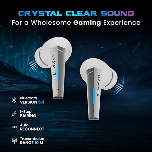 Image of HAMMER Arcade True Wirelss Gaming Earbuds with RGB Lights, 50ms Low Latency, Type-C Charging, IPX5, Deep Bass, 20H Playtime, Bluetooth v5.3, Made in India (White)
