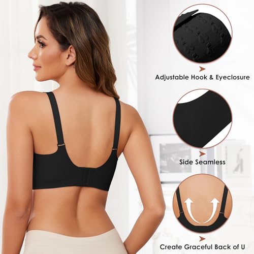 Lonya Bras for Women Push Up Seamless Non Wired Support Full Coverage Ladies V Neck Wireless Bra Comfort Adjustable Padded Zero Feel Bralettes, Black, XL - Image 4