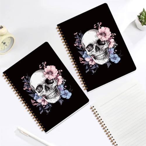 Image of 2 PCs Gothic Skull Spiral Notebook Floral Skull Journaling Notebooks Goth Aesthetic Design Note Book Writing Journal Hardcover Notebook Classroom Office Supplies Gifts for Women Teen Girls