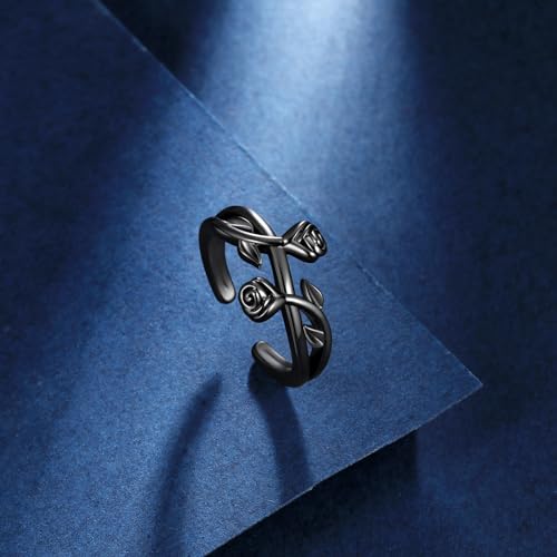 beautlace Rose Flower Adjustable Rings Flower Love Open Ring Silver/Black Gun Plated Elegant Wedding Engagement Jewelry Gifts for Women KR01123