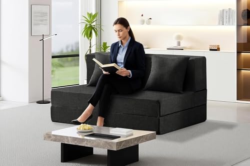 Image of Los Angeles Foldable Two Seater Sofa Cum Bed, Sofa Bed 4 X 6 Feet, Jute Fabric Washable Cover Including Two Cushion Perfect for Home & Office, Guest Room - Black