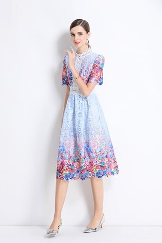 Image of LAI MENG FIVE CATS Women's Lace Floral Short Sleeve Crochet Waist Cocktail Midi Dress
