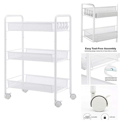 Image of Sulfar 3 Layer Multi Purpose Stainless Steel Rotating Kitchen Trolley Space-Saving Fruits Vegetables Storage Rack Organizer (White)