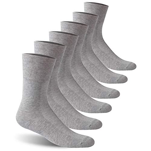 Facool Men's Women's Non Elastic Diabetic Socks, 6 Pack Non Binding Wide Loose Top Crew Dress Cotton Diabetes Socks with Seamless Toe for Swollen Feet Legs Socks, Gray Large