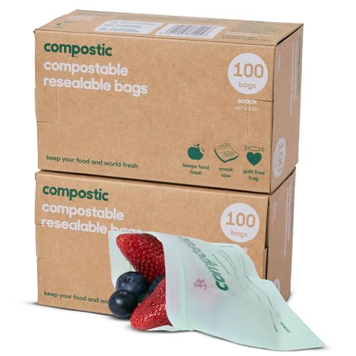 Compostic Compostable Snack Bags Snack Size (180 + 20 Count) Bulk Pack Resealable Zip-Seal Plant-Based Home Compostable Freezer Safe BPA-Free Non-Toxic GMO-Free Food Storage Bags