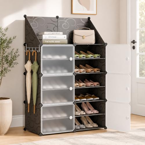 Image of YASONIC Premium Modular Plastic Shoe Rack for Home with Door | 12-Tier Stackable Shoe Organizer | Waterproof & Dustproof | Space Saving Storage for Home, Bedroom & Entryway [White Y4, 12-Shelf-6-Door]