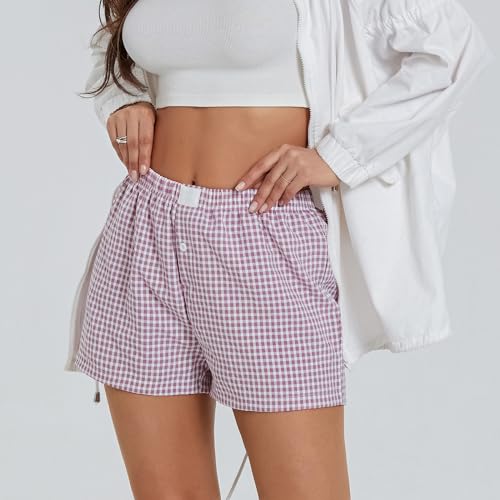 Image of Womens Boxer Shorts Gingham Y2k Pajama Cute Plaid Striped Print Lounge Sleep Shorts