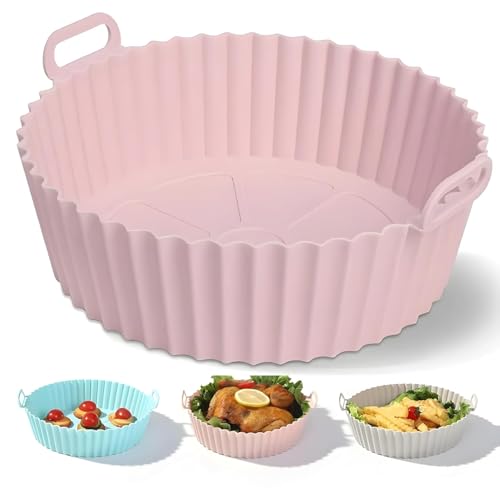 Image of Air Fryer Silicone Tray | Air Fryer Liners I Round Silicone Basket Baking Tray I Pot with Ear Handles I Nonstick Reusable Heat Resistant I Cooking Oven Insert Accessories (Pink)