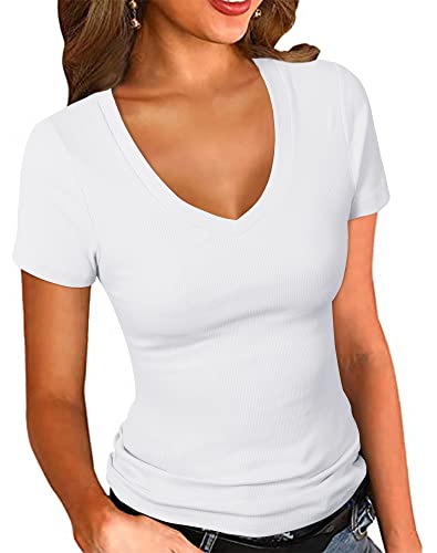 PALINDA Women's Short Sleeves Ribbed Fitted Shirt Basic V Neck Slim T Shirt Tops
