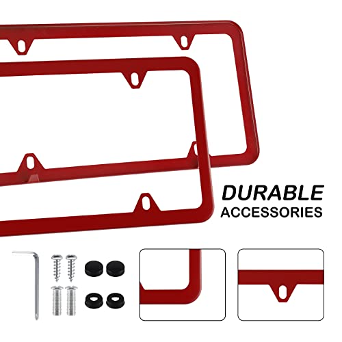 Alpmosn 2PCS Stainless Steel License Plate Frames, 4 Holes Car Licence Plate Covers with Screws Washers and Caps, Car Exterior Accessories, License Plate Holder for US Vehicles (Red) - Image 4